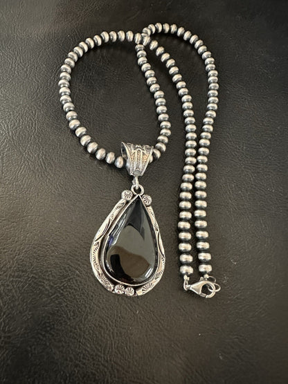 Black Onyx Pendant Navajo Pearls Sterling Silver Necklace 19386
