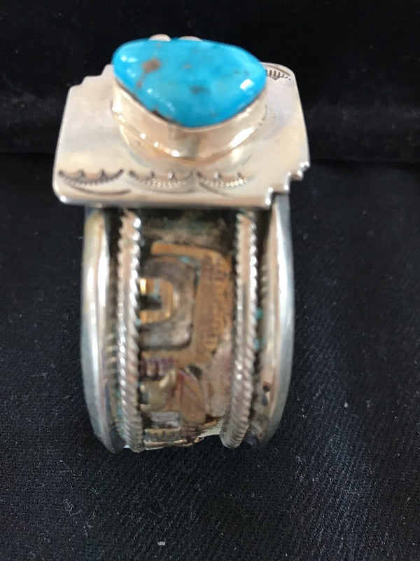 Blue Turquoise Navajo Cuff Bracelet 12K Gold | Sterling Silver | Authentic Native American Handmade | 08290