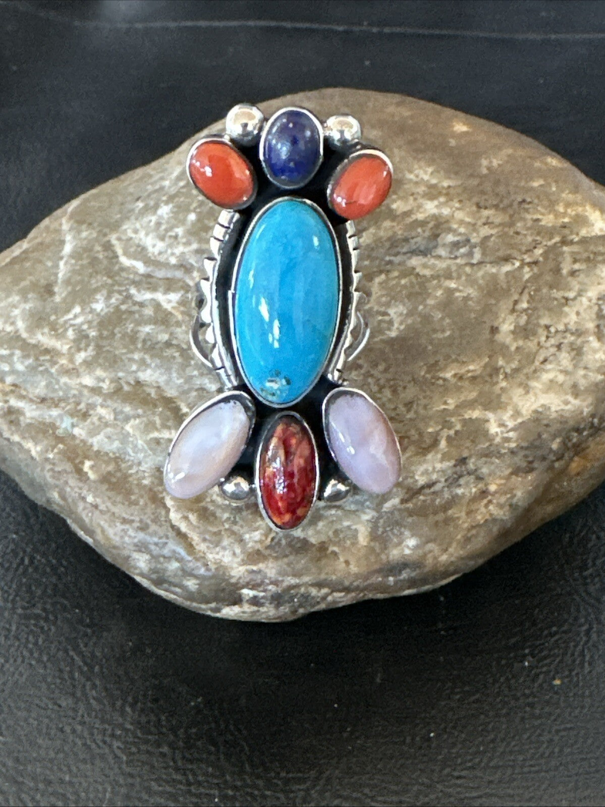 Cluster Blue Turquoise Spiny Oyster Onyx Sterling Silver Ring Size 8 18564