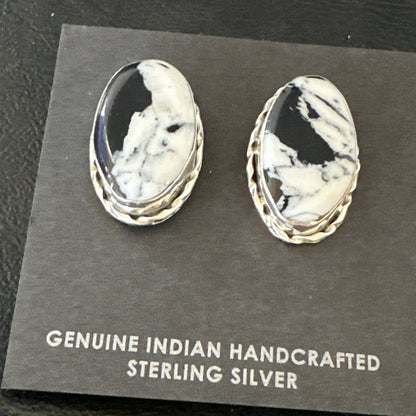 Women White Buffalo Turquoise Navajo Sterling Silver Post Earrings 19096
