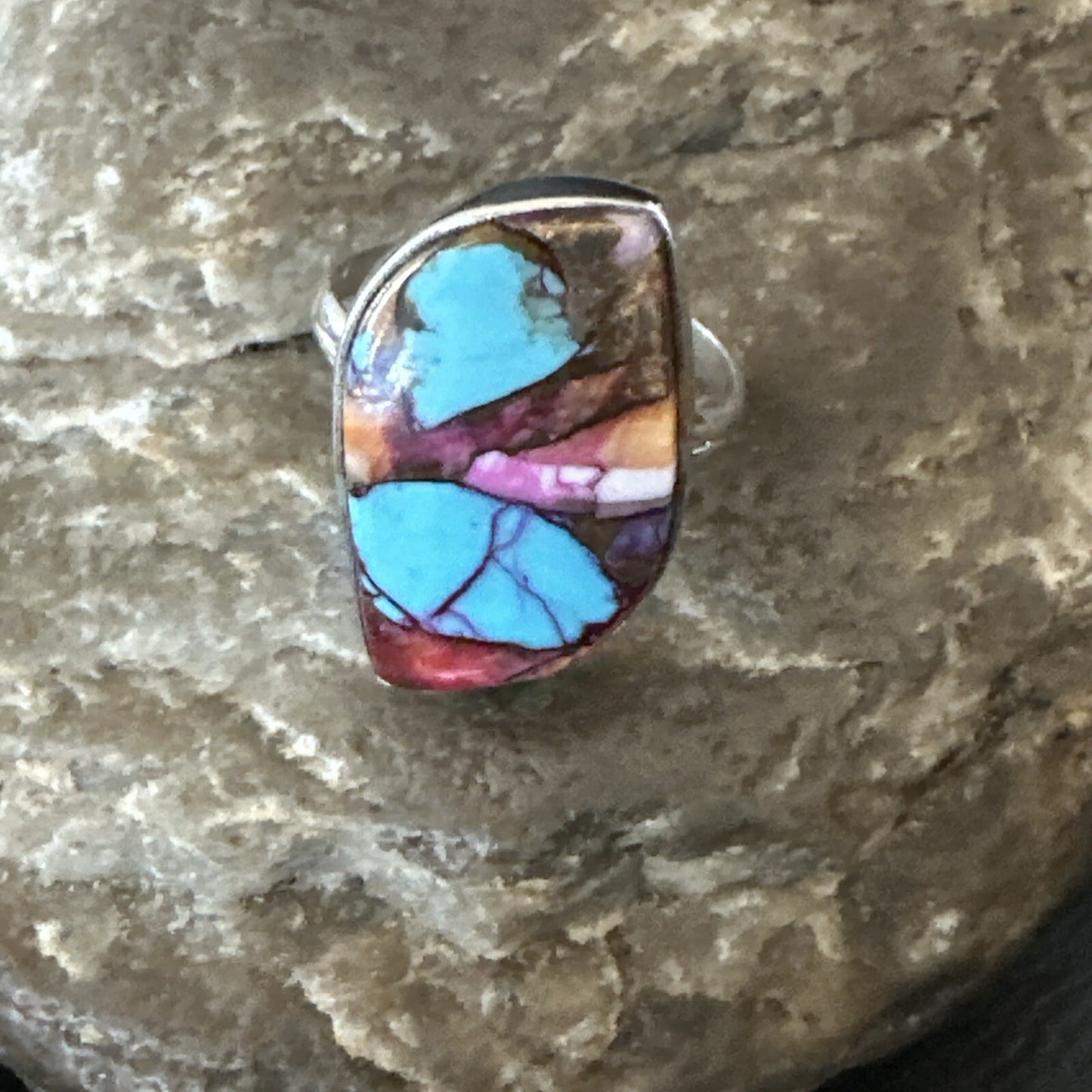 Blue Turquoise Spiny Oyster Southwestern Sterling Silver Ring Size 8 18441
