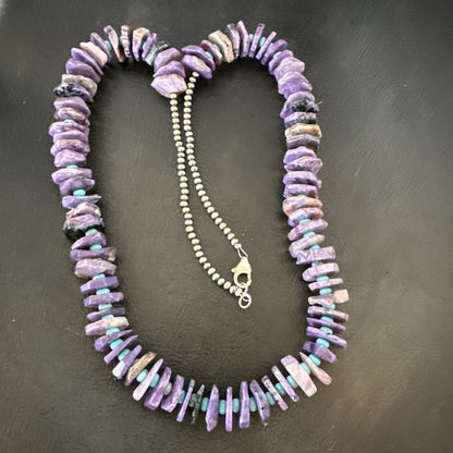Popular Purple Charoite Blue Turquoise Navajo Sterling Silver Necklace 24” 18055