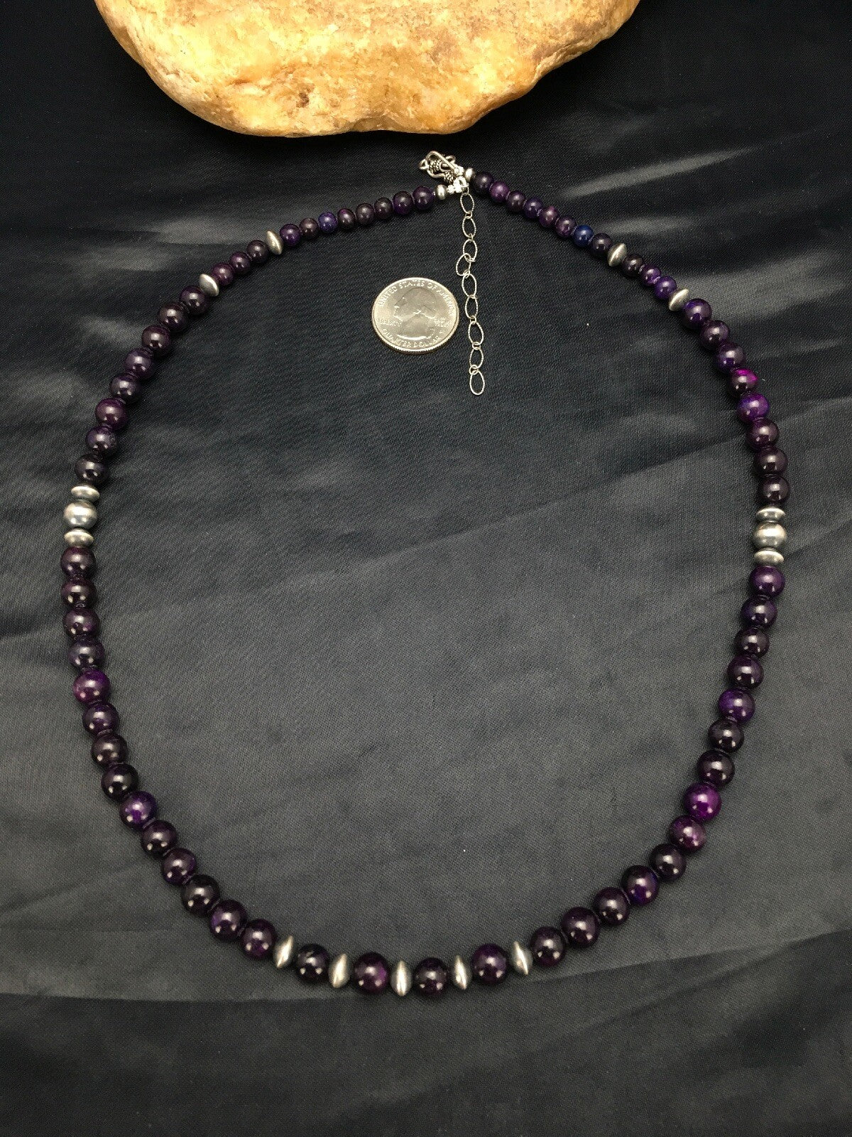 Purple Stone Round Bead Navajo Indian Sterling Silver Necklace 08110
