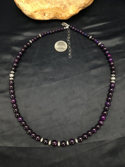 Purple Stone Round Bead Navajo Indian Sterling Silver Necklace 08110