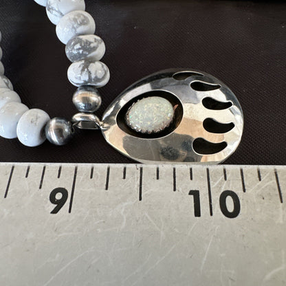 Mens White Opal BearPaw Pendant Navajo Howlite Sterling Silver Necklace 17884