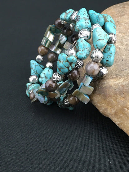 Blue Turquoise Navajo Stainless Steel Wire Bracelet 01318