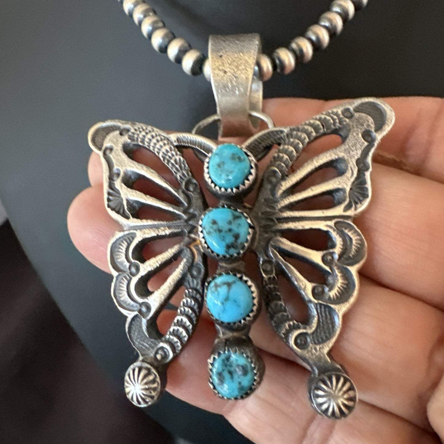 Butterfly Blue Kingman Turquoise Pendant Navajo Sterling Silver Necklace 19295
