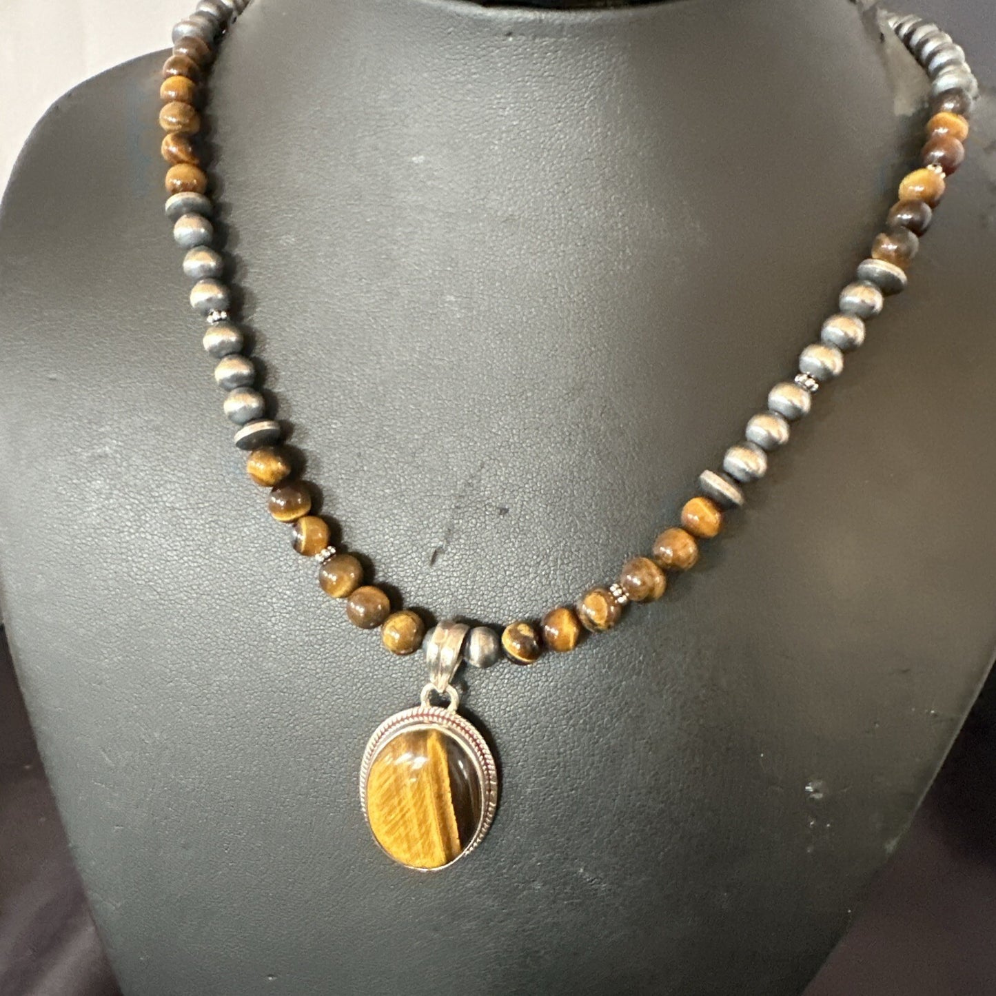 Coffee Brown Tigers Eye Sterling Silver Pendant Necklace Southwestern 18282