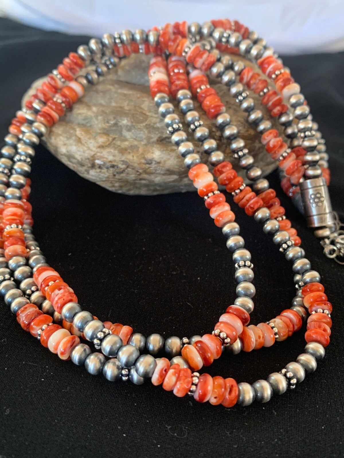 Red Spiny Oyster 3 Strands Navajo Pearls Sterling Silver Necklace 03172