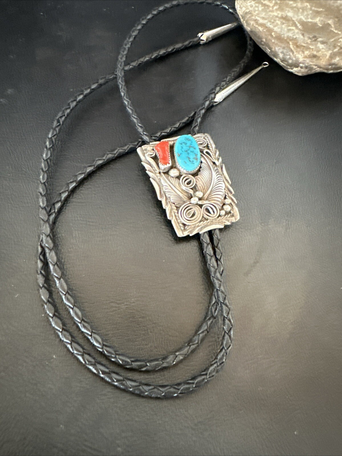 Mens Blue Kingman Turquoise Coral Bolo Tie Sterling Silver Navajo 18168