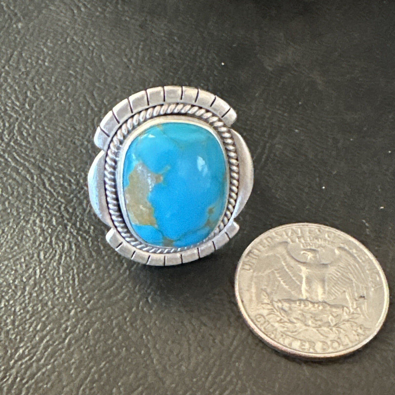 Blue Kingman Turquoise Navajo Sterling Silver Adjustable Ring Size 7 18824