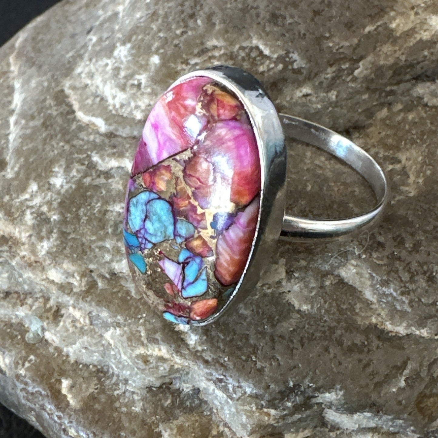 Blue Turquoise Spiny Oyster Southwestern Sterling Silver Ring Size 11 18451