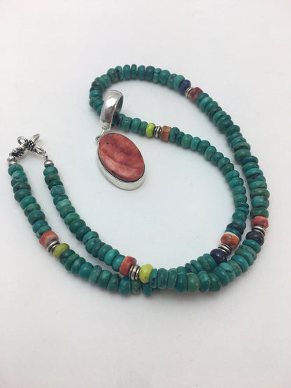 Turquoise & Spiny Oyster Pendant Pueblo Sterling Silver Necklace 08910