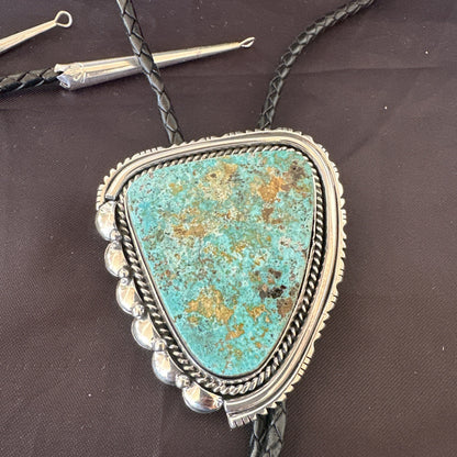 Native Mens Blue Green Royston Turquoise Bolo Tie Sterling Silver Navajo 19593
