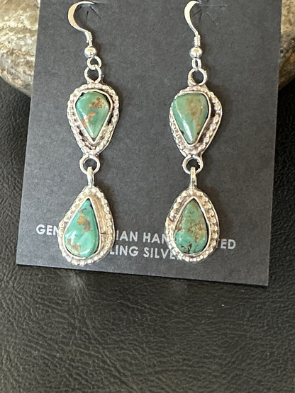 Green Royston Turquoise Navajo Sterling Silver Dangle Earrings 19371