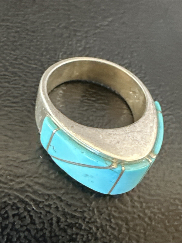 Blue Turquoise Navajo Inlay Band Ring Size 7 | Sterling Silver | Authentic Native American Handmade | 18814