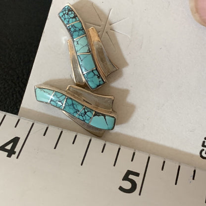 Womens Blue Spider Web Turquoise Navajo Sterling Silver Inlay Earrings 12899