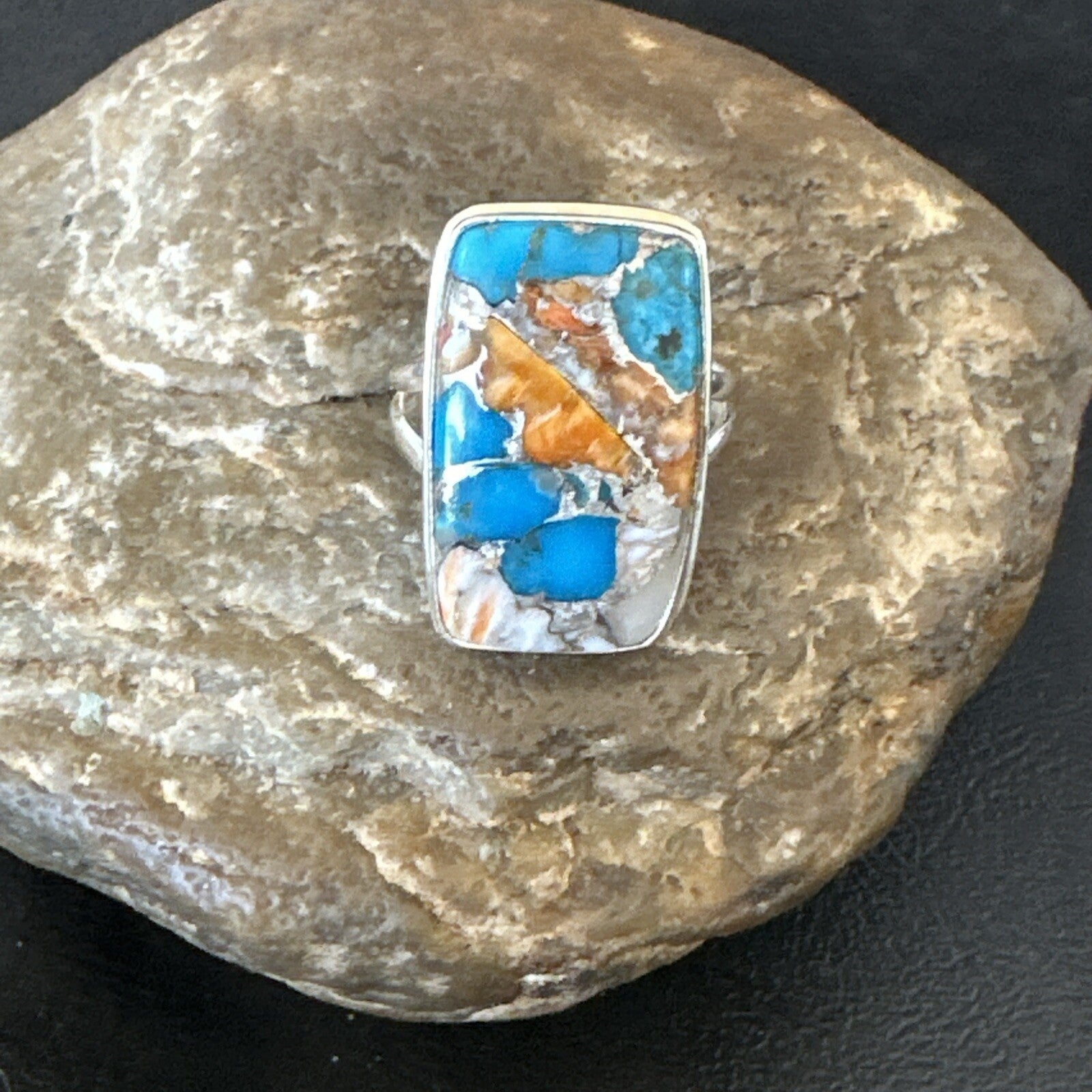 Blue Turquoise Spiny Oyster Southwestern Sterling Silver Ring Size 11 18452