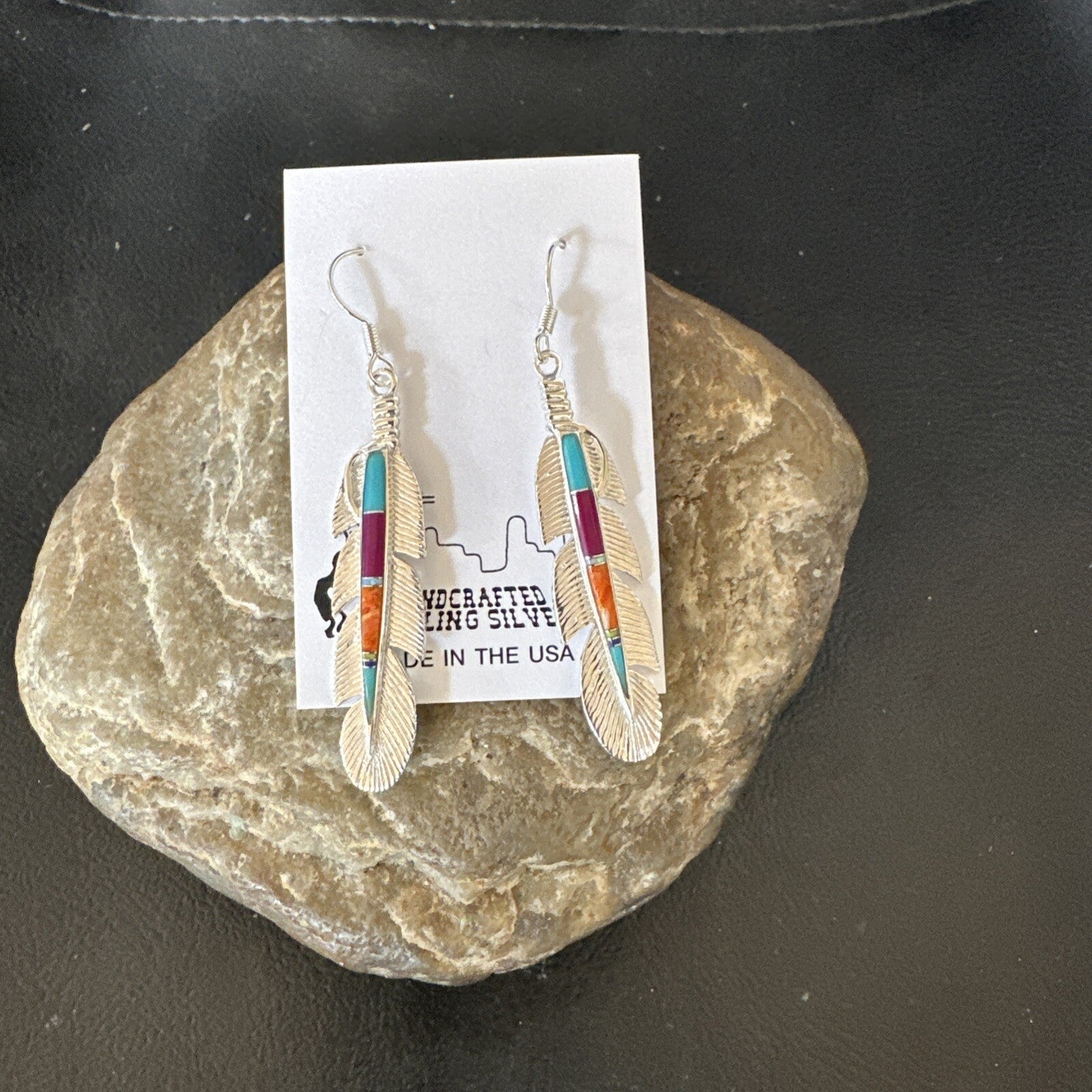 Multicolor Turquoise Sterling Silver Handmade Inlay Feather Earrings 18698
