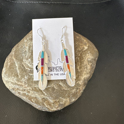 Multicolor Turquoise Sterling Silver Handmade Inlay Feather Earrings 18698