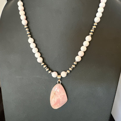 Southwestern Sterling Silver Pink Queen Conch Bead Necklace Pendant 20" 19556