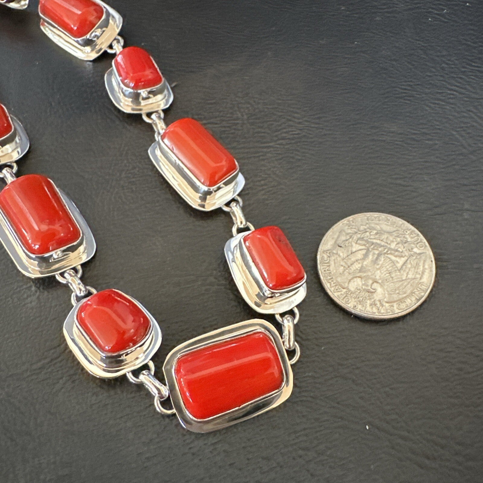 Handmade Women Red Coral Choker Necklace Pendant Sterling Silver 20” 18412