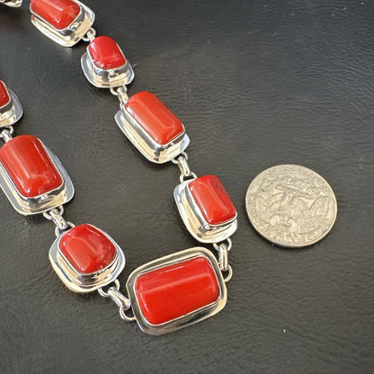 Handmade Women Red Coral Choker Necklace Pendant Sterling Silver 20” 18412