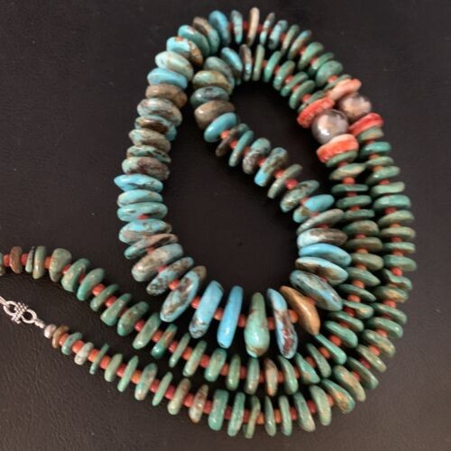 Navajo Graduated Blue Green Turquoise Spiny Necklace Sterling 33" 13569