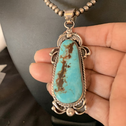 Men Blue Kingman Turquoise Pendant Navajo Pearls Sterling Silver Necklace 14204N
