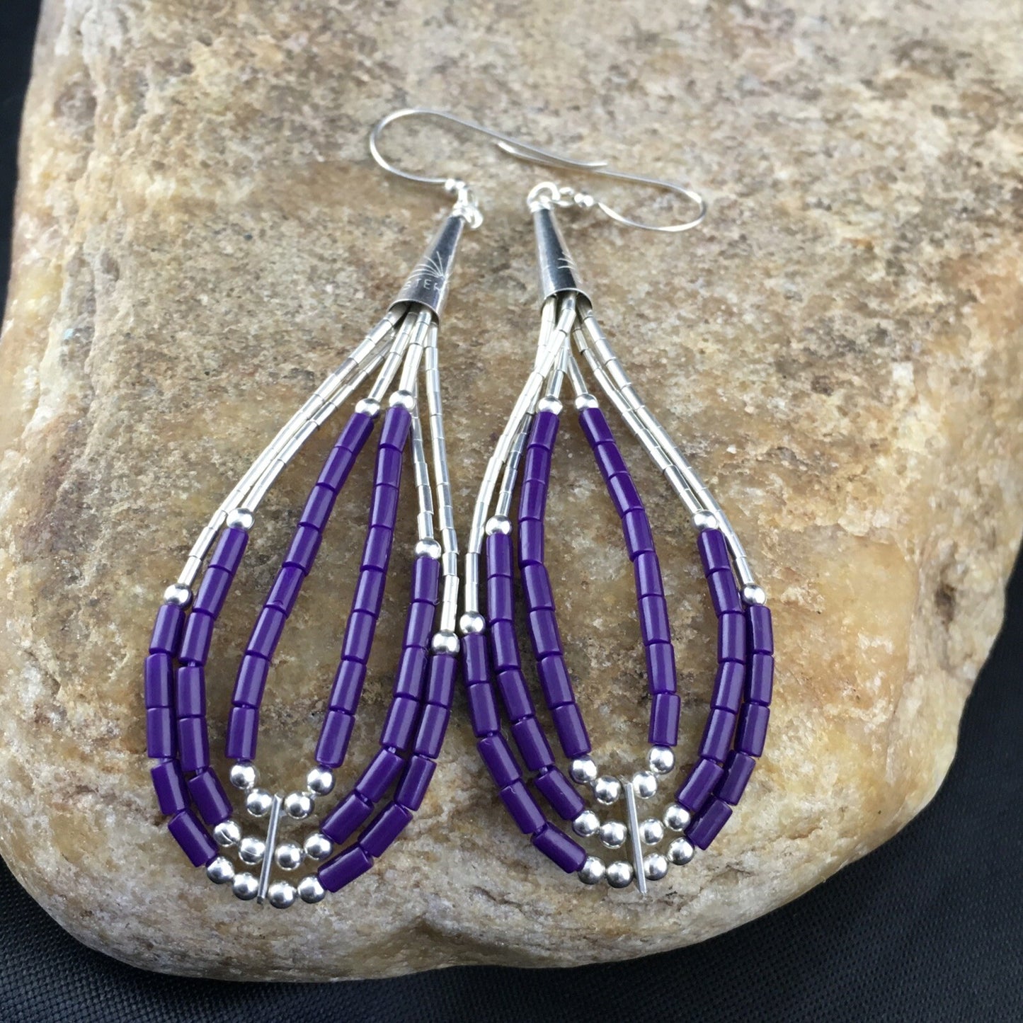 Purple Stone 3 Strands Heishi Liquid Sterling Silver Dangle Earrings 1989
