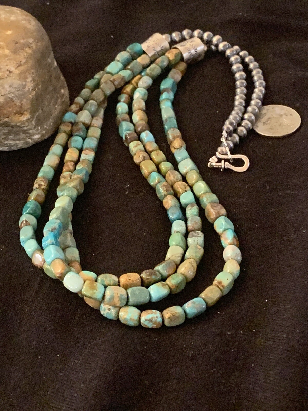 Green Turquoise Navajo Pearls Sterling Silver Native American Necklace 00611