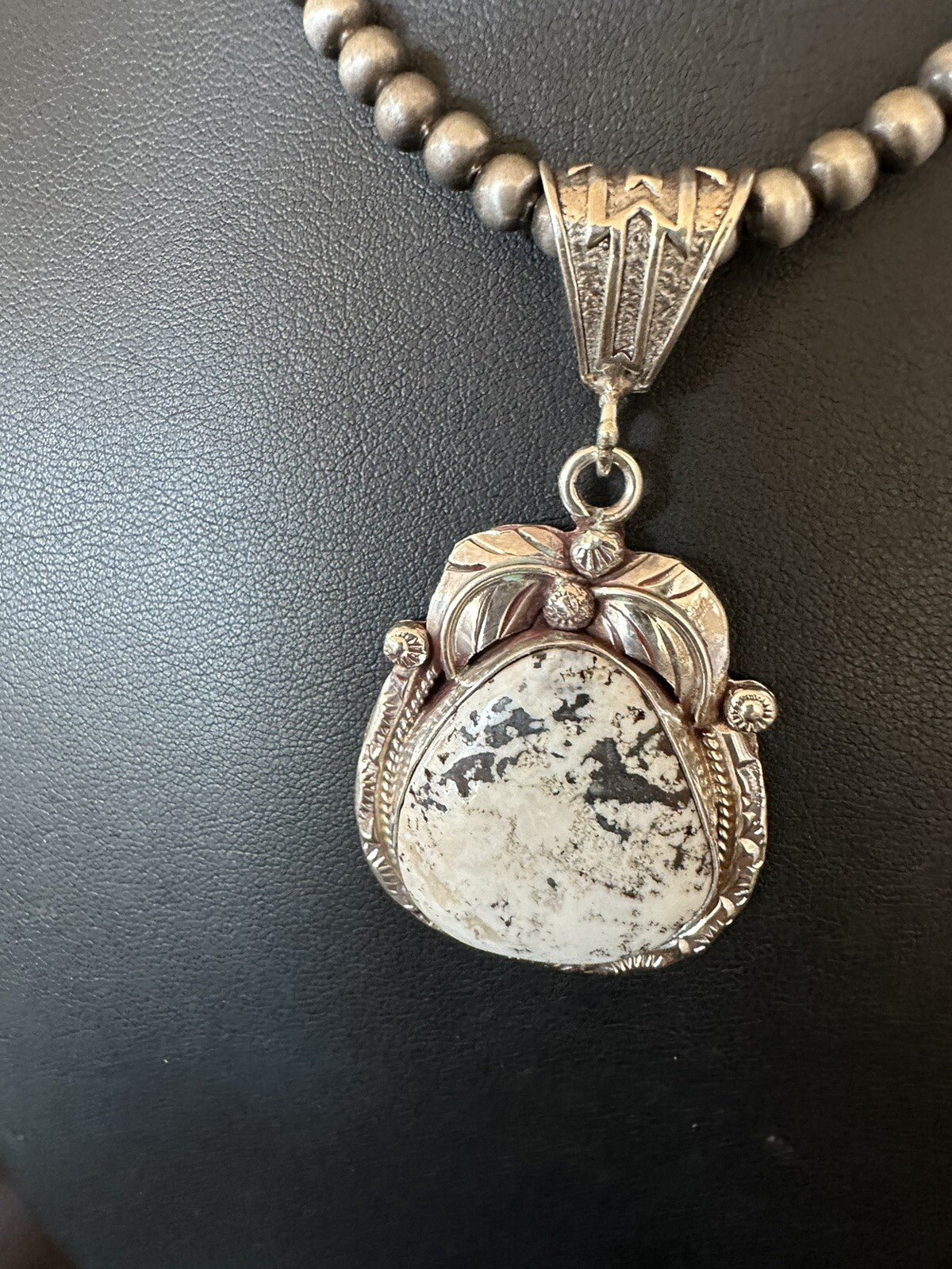 Mens White Buffalo Turquoise Pendant Sterling Silver Beads Necklace 18311
