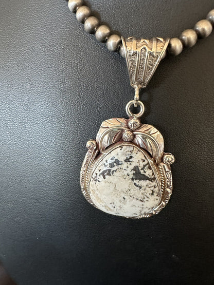 Mens White Buffalo Turquoise Pendant Sterling Silver Beads Necklace 18311