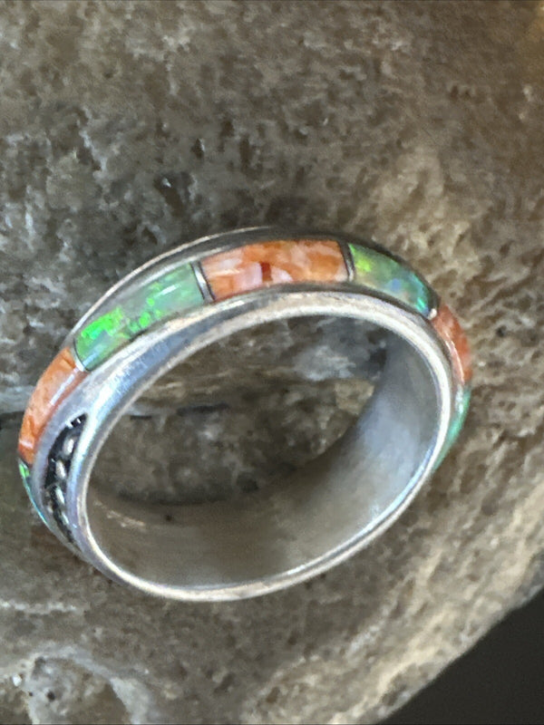 Green Opal Orange Spiny Navajo Band Inlay Ring Size 9 | Sterling Silver | Authentic Native American Handmade | 18811