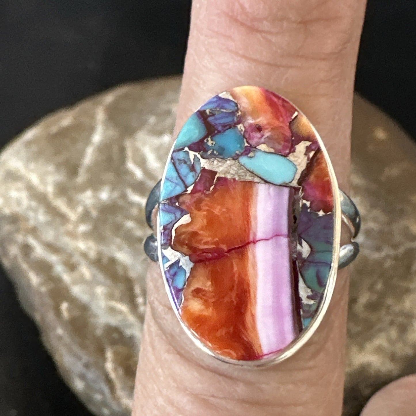 Blue Turquoise Spiny Oyster Southwestern Sterling Silver Ring Size 8 18480