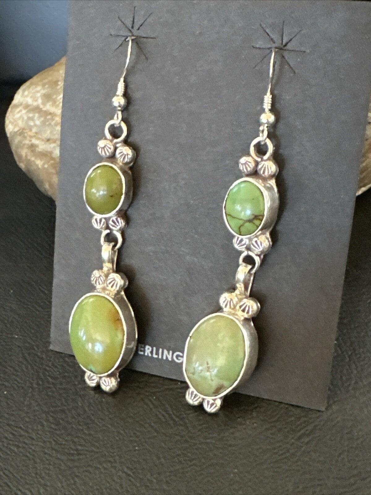 Native Navajo Green Turquoise Sterling Silver Dangle Earrings 2” 17698