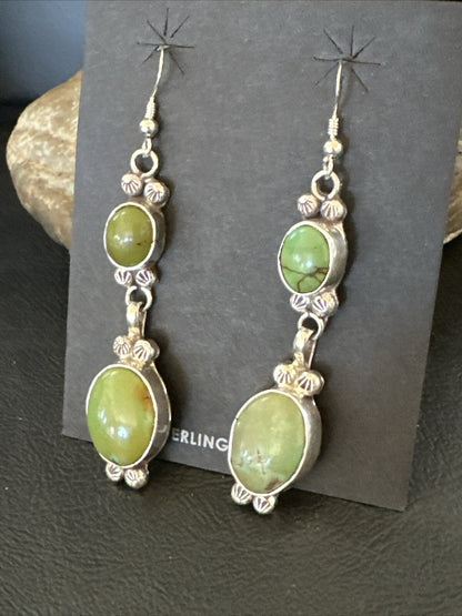 Native Navajo Green Turquoise Sterling Silver Dangle Earrings 2” 17698