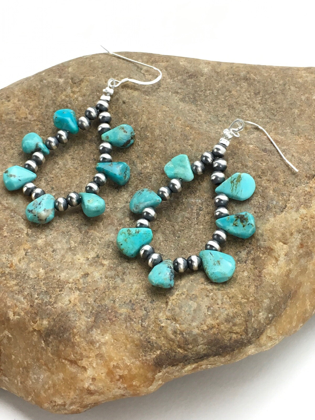 Blue Turquoise Cluster Navajo Sterling Silver Earrings 2" 02971