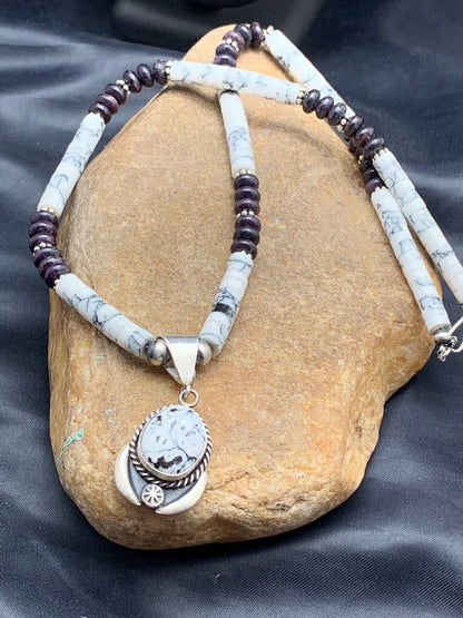 Native  Purple Stone & Howlite Bead Navajo Sterling Silver Necklace 04606
