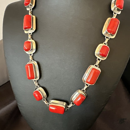Handmade Women Red Coral Choker Necklace Pendant Sterling Silver 20” 18412