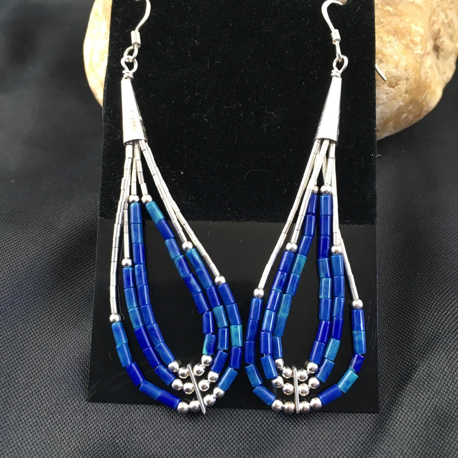 Blue Lapis 3 Strand Heishi Liquid Sterling Silver Dangle Earrings 2013