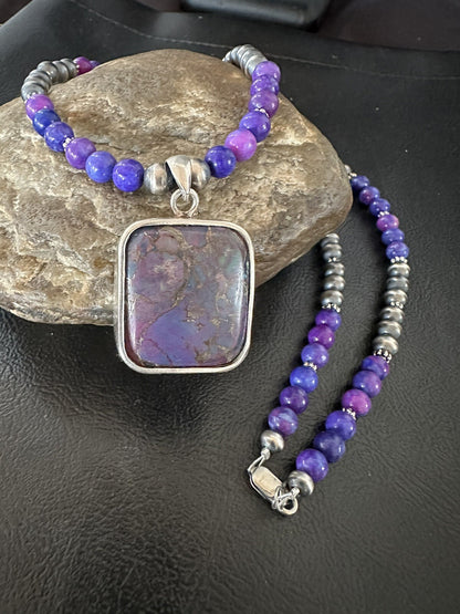 Purple Stone Turquoise Pendant Pearls Sterling Silver Necklace 18385