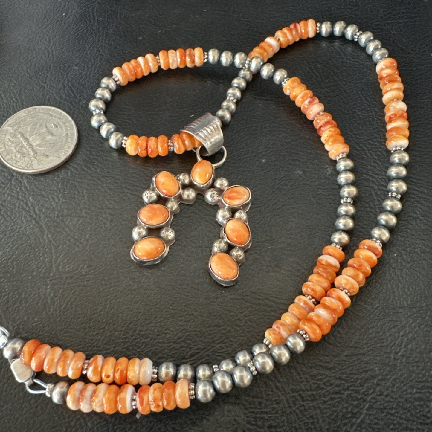 Navajo Pearls Sterling Necklace Orange Spiny Oyster Cluster Naja Pendant 19551