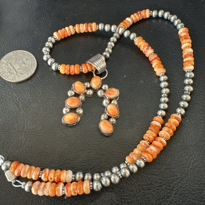 Navajo Pearls Sterling Necklace Orange Spiny Oyster Cluster Naja Pendant 19551