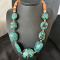 Blue Turquoise Red Spiny Chunky Navajo Necklace 22" | Sterling Silver | Authentic Native American Handmade | 19248