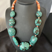 Blue Turquoise Red Spiny Chunky Navajo Necklace 22" | Sterling Silver | Authentic Native American Handmade | 19248