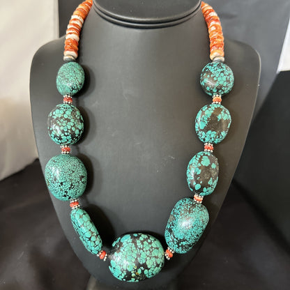 Blue Turquoise Red Spiny Chunky Navajo Sterling Silver Necklace 22” 19248