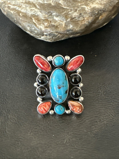 Cluster Blue Turquoise Spiny Oyster Onyx Sterling Silver Ring Size 10 18559
