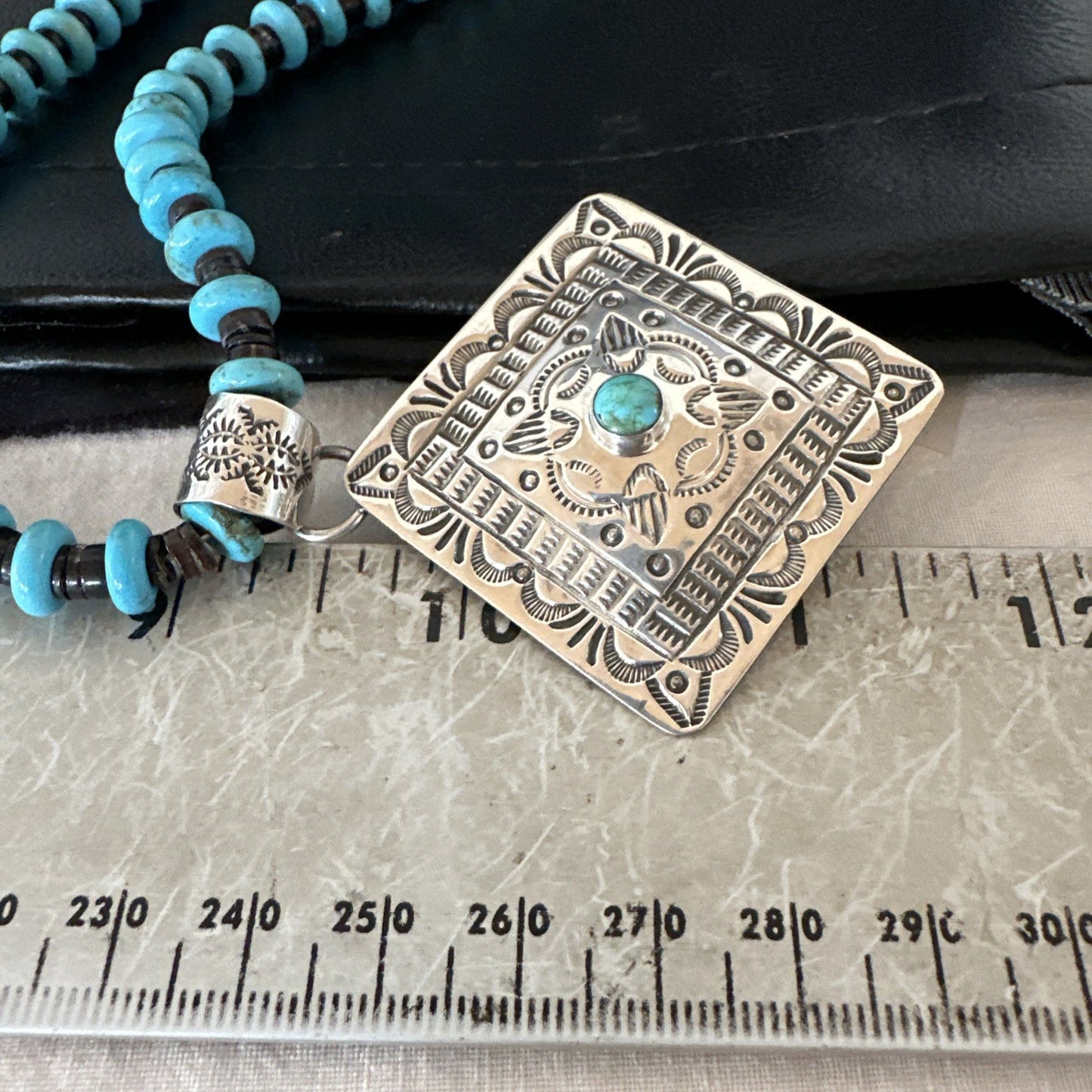 Navajo Blue Turquoise Stamped Pendant Shell Sterling Silver 25” Necklace 19708