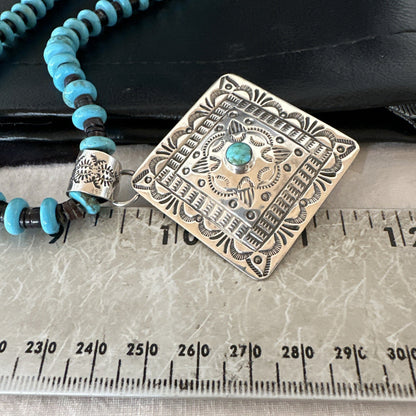 Navajo Blue Turquoise Stamped Pendant Shell Sterling Silver 25” Necklace 19708